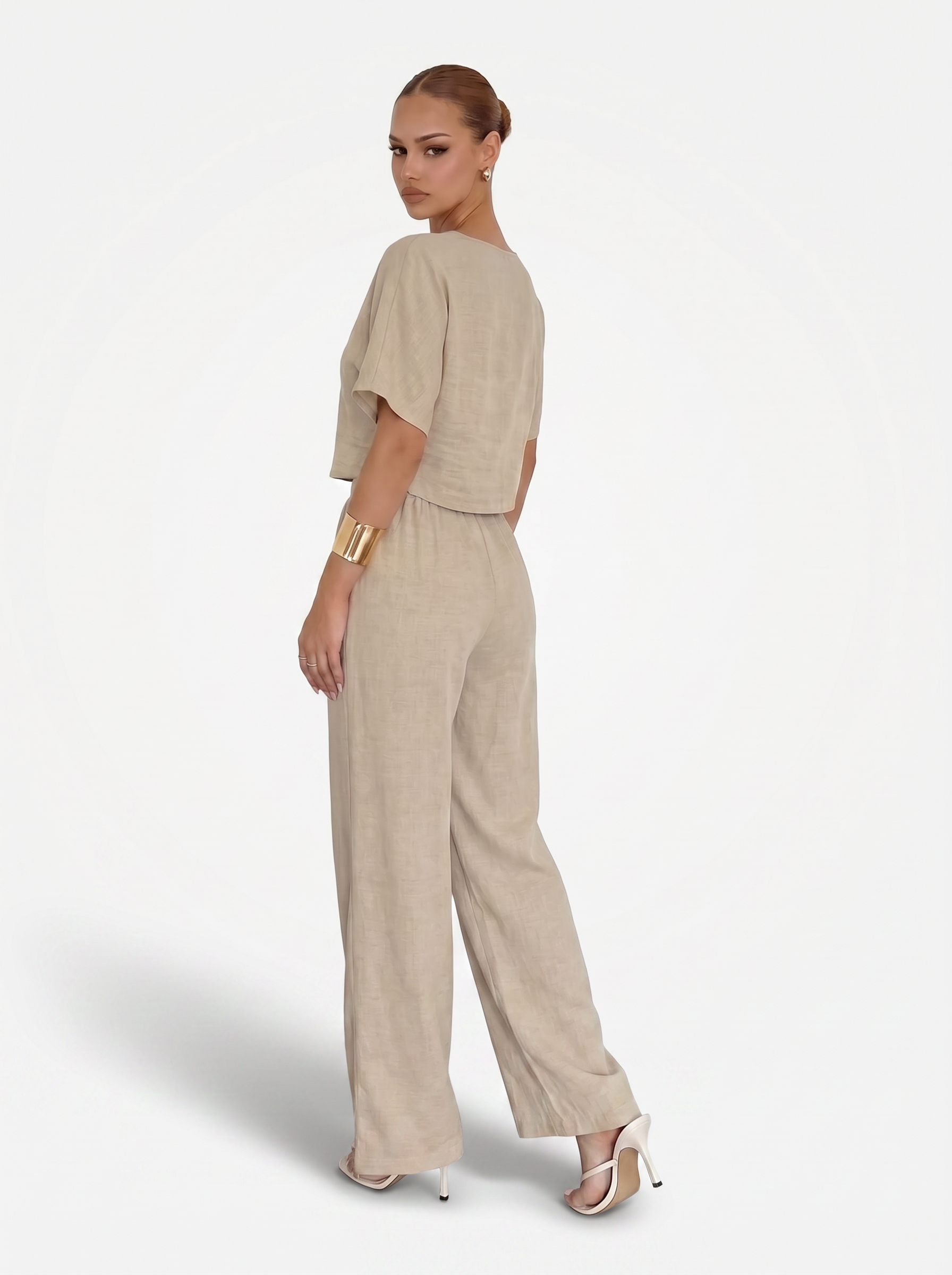 Valencia Linen Set beige – achterkant cropped top en palazzo broek