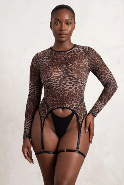 Body met lange mouwen en jarretelles met luipaardprint – Greta