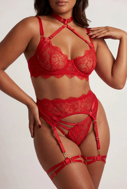 Vierdelige lingerieset voor dames - Ximena Rood