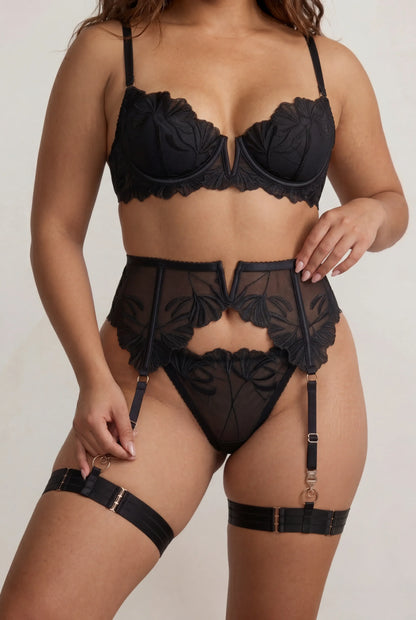 Dames lingerie set van vier stuks met dijbanden en handschoenen - Chiara Zwart