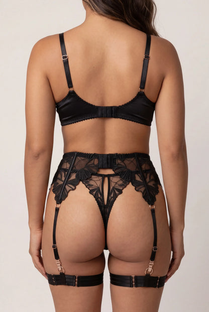 Dames lingerie set van vier stuks met dijbanden en handschoenen - Chiara Zwart