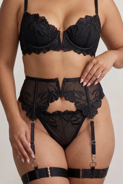 Dames lingerie set van vier stuks met dijbanden en handschoenen - Chiara Zwart