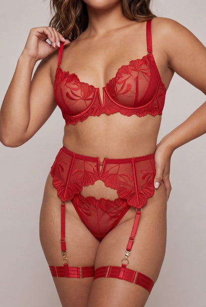 Vierdelige lingerieset voor dames met dijwarmers en handschoenen - Chiara Rood