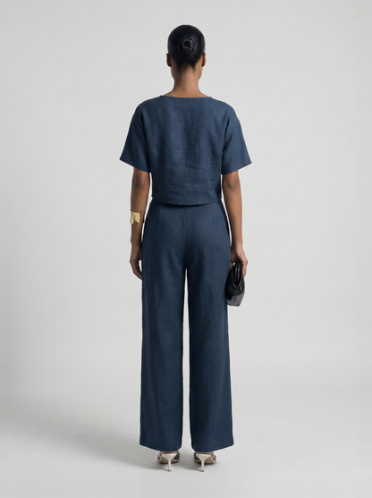 Valencia Linen Set navy – achterkant strak geknokt haar clutch